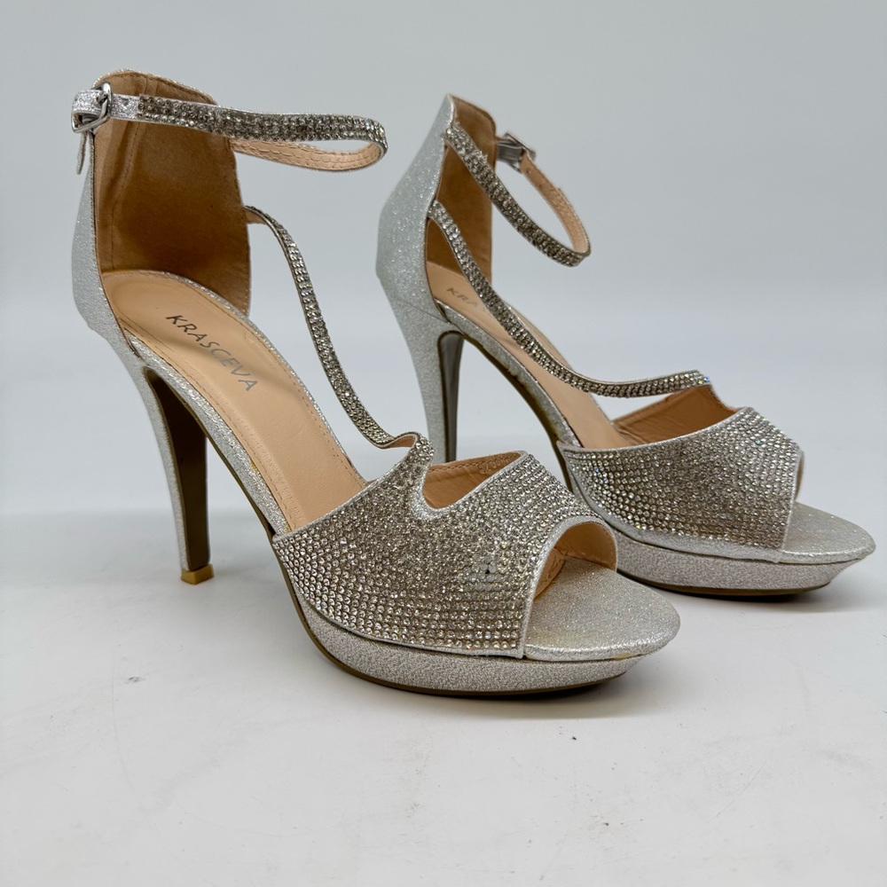 KRASCEVA Rhinestone Silver High Heel Sandals – Size:8.5